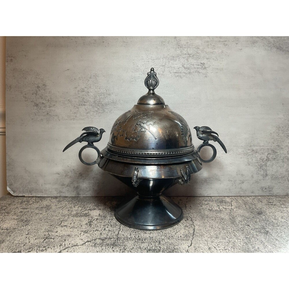 Vtg Meriden Quadruple Silver Plated Footed Domed Butter Dish Cavier Birds Ornate